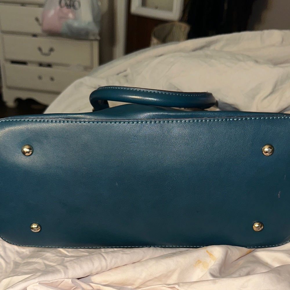 Adrienne Vittadini teal leather satchel gold accents charm and feet like new - Picture 5 of 16